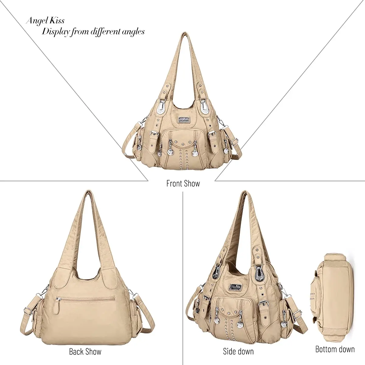 Angel Kiss Large Hobo Handbag Apricot | Soft PU Leather Top Handle Satchel Shoulder Bag - view 4