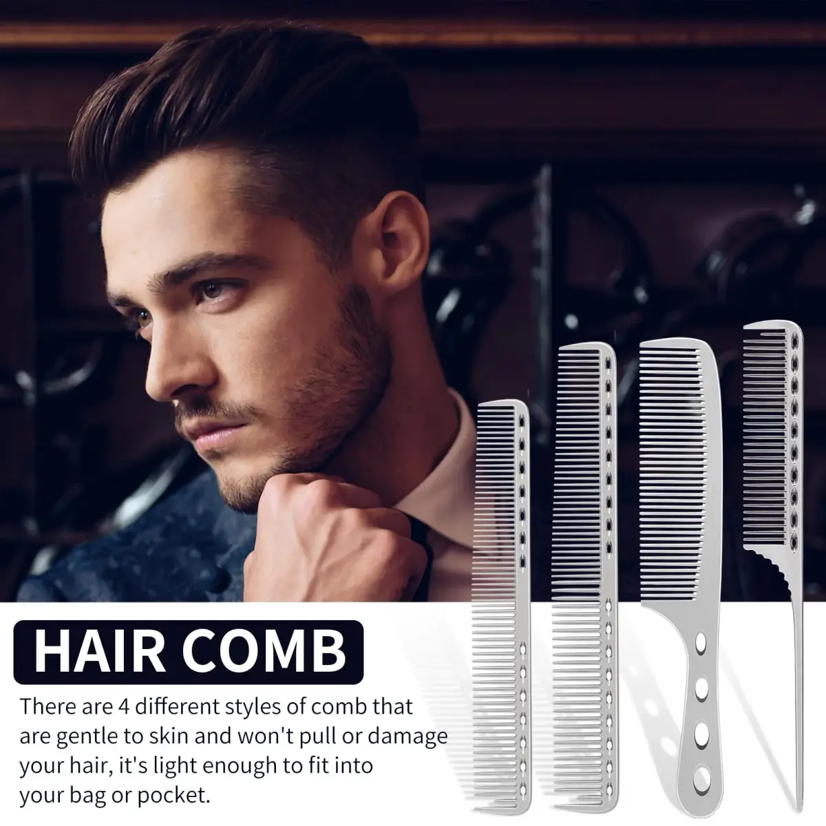 CGBARBER Silver Aluminum Hair Comb Set | 4-Piece Styling & Cutting Comb Kit - view 2