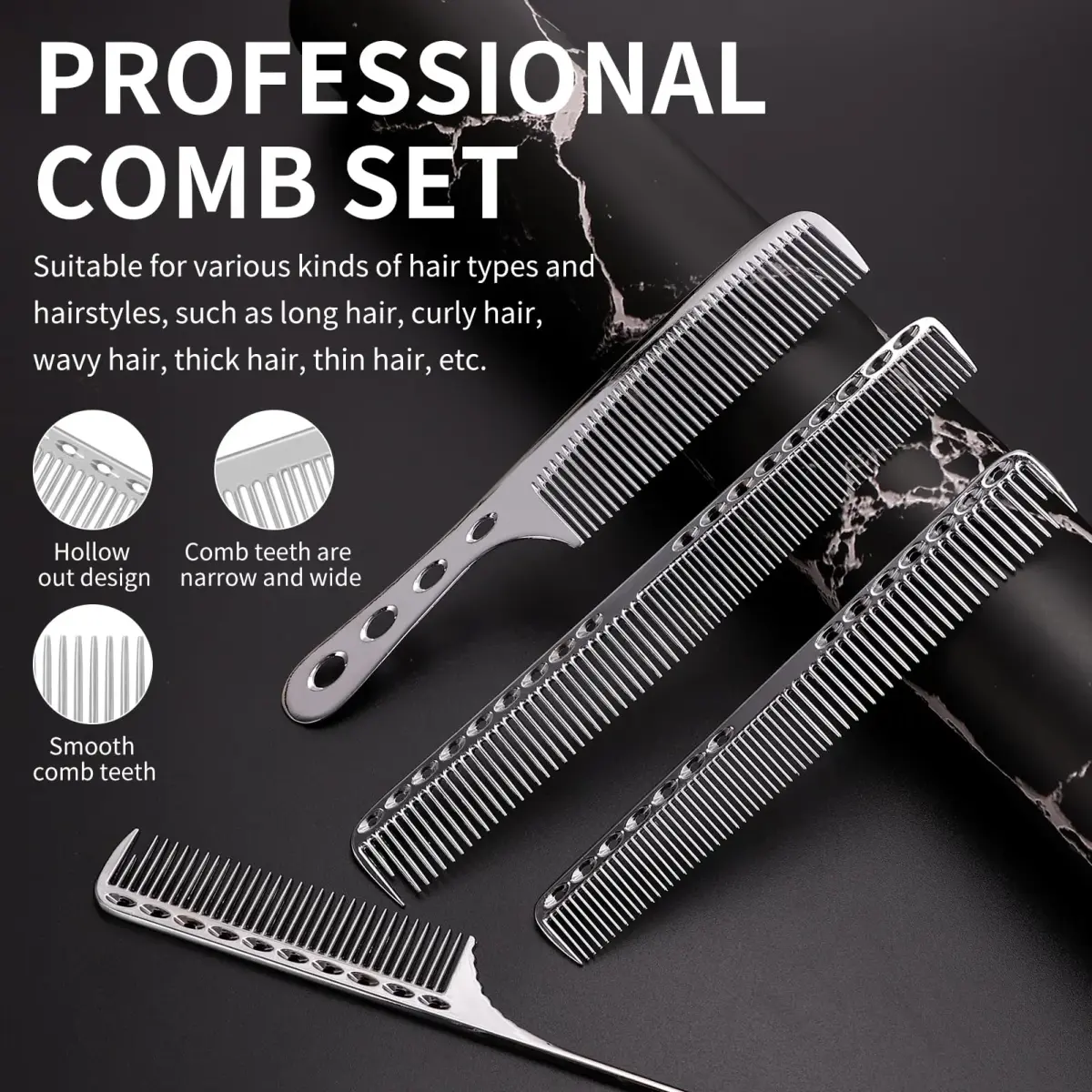 CGBARBER Silver Aluminum Hair Comb Set | 4-Piece Styling & Cutting Comb Kit - view 3