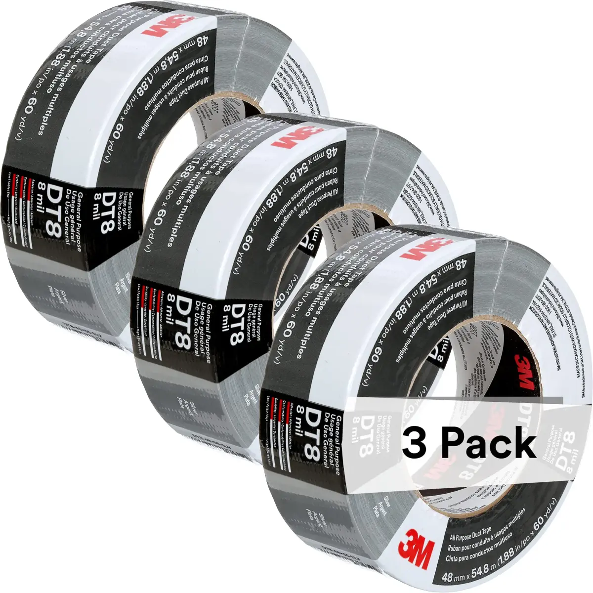 3M All Purpose Duct Tape DT8 Silver 1.88 in x 60 yd (156g) | Industrial Strength, Water Resistant - main product image