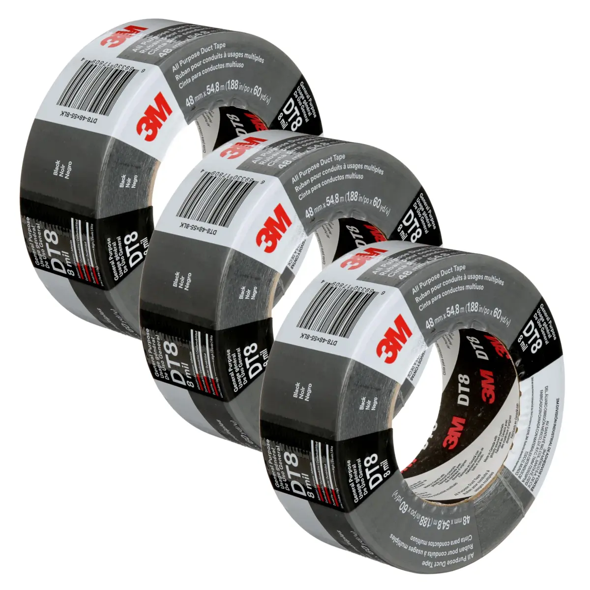 3M Duct Tape DT8, 3 Pack, Industrial Strength, Black Color, 1.88 in x 60 yd | Heavy Duty Tape for HVAC and Repairs - main product image