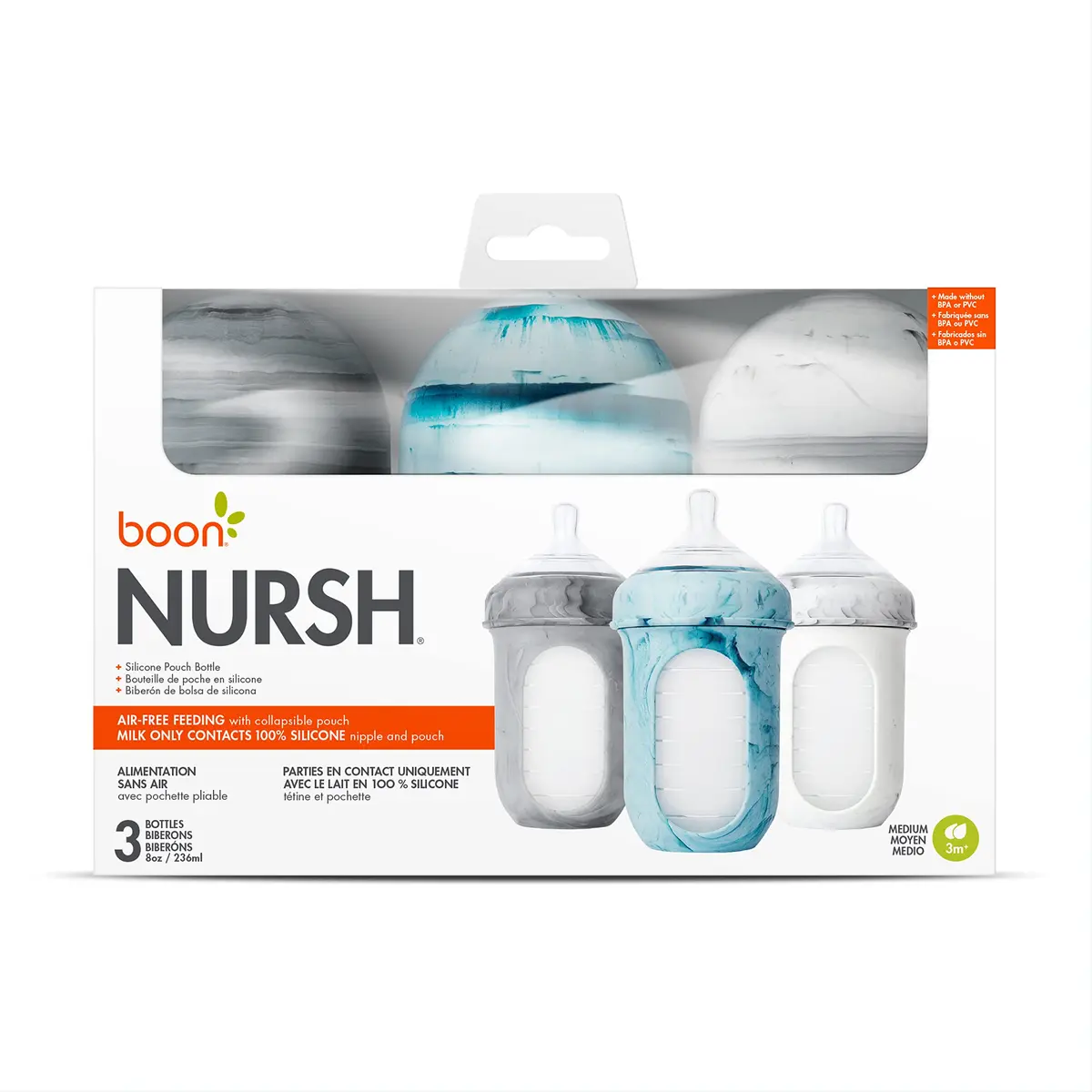 Boon Nursh Silicone Baby Bottles - Medium Flow - Tie Dye - 8 Oz (237ml) - 3 Count | Air-Free Feeding for Reduced Colic - view 7