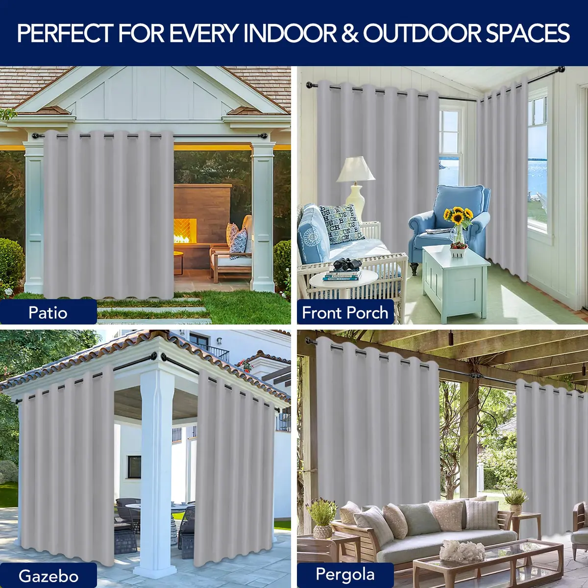 PureFit Waterproof Outdoor Curtains for Patio 241cm x 254cm | Weatherproof UV Resistant Light Gray Grommet Panels - view 5