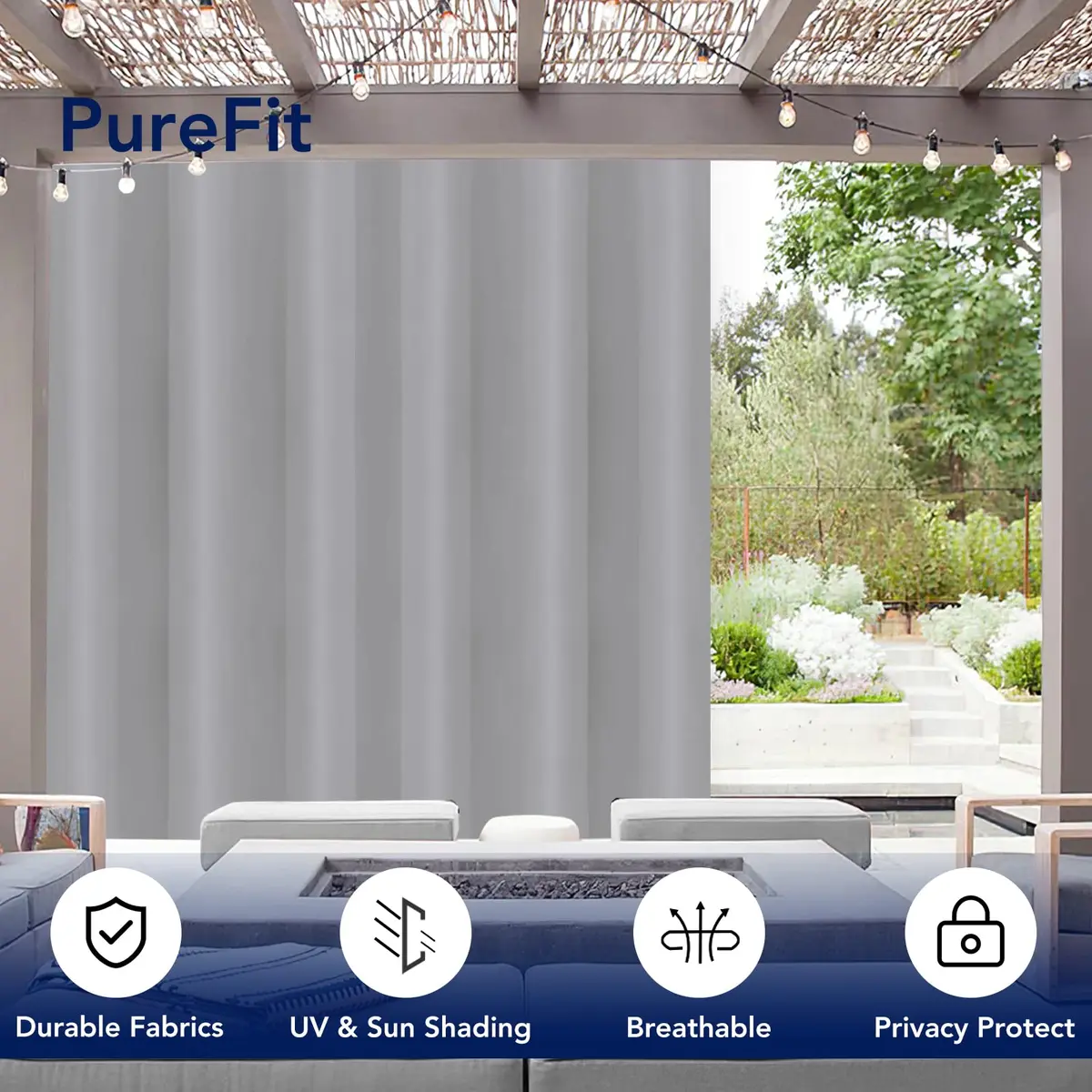 PureFit Waterproof Outdoor Curtains for Patio 241cm x 254cm | Weatherproof UV Resistant Light Gray Grommet Panels - view 3