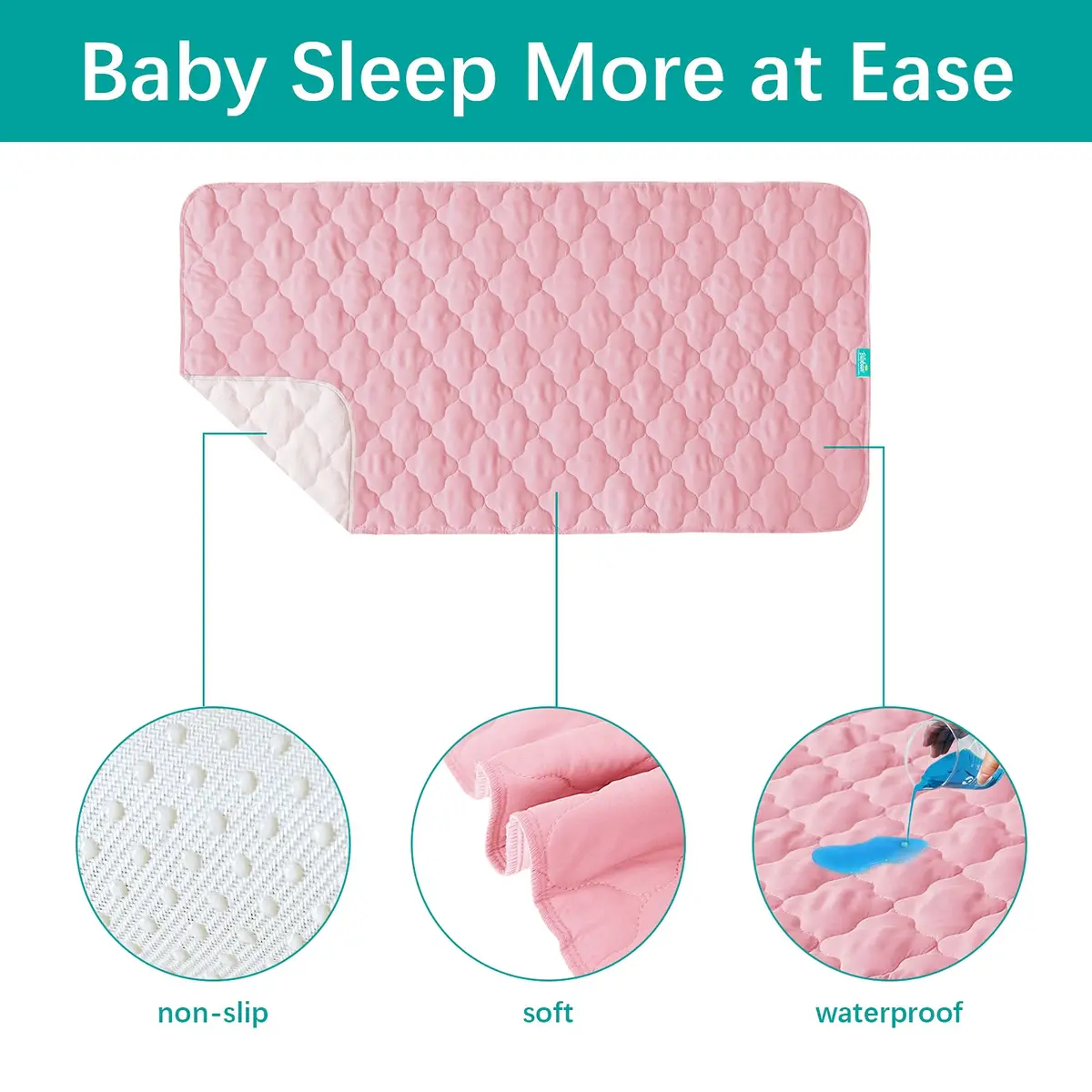 Biloban Waterproof Crib Mattress Protector Pink 71cm (28") x 132cm (52") | Breathable Quilted Pad for Safe Sleep - view 2