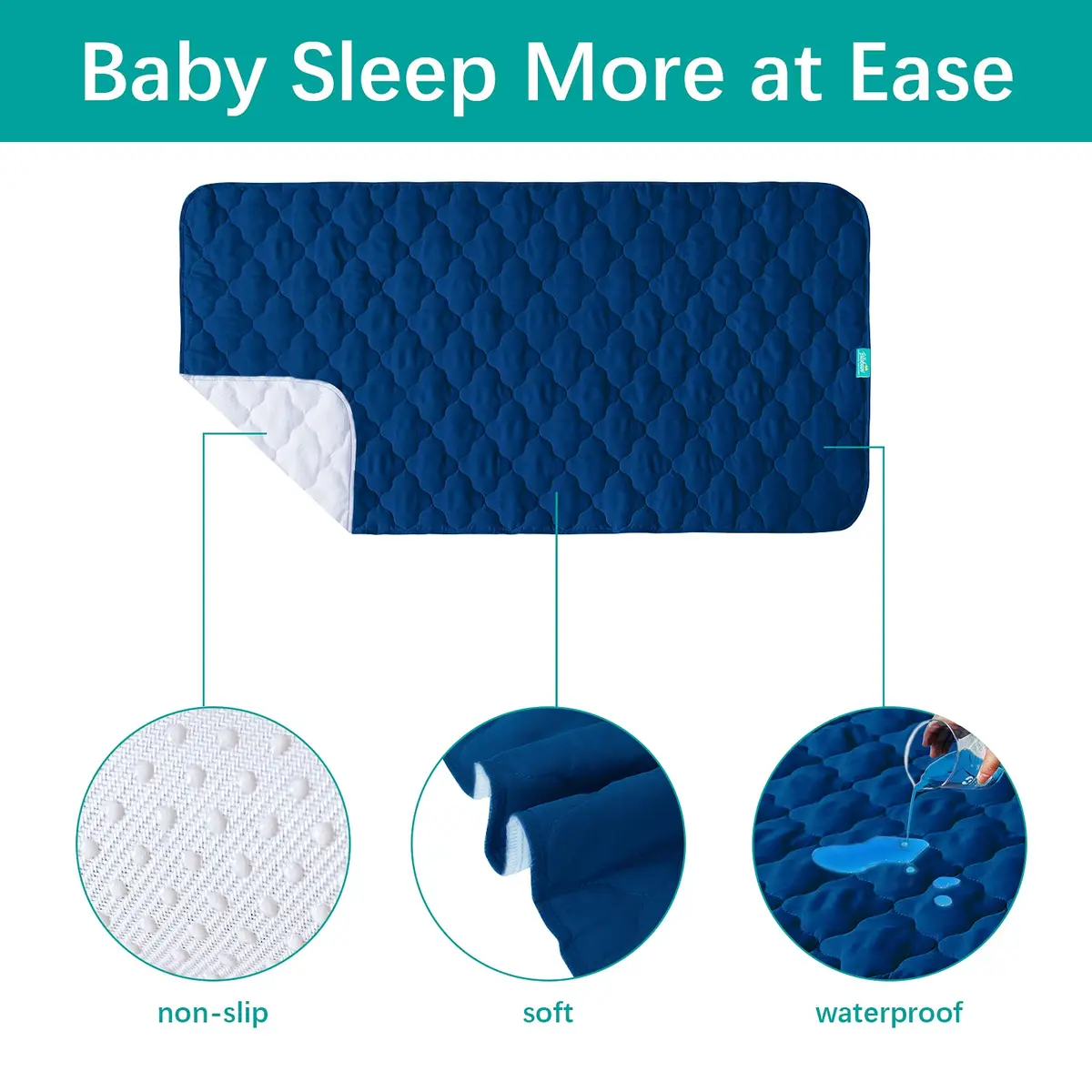Biloban Waterproof Crib Mattress Protector Pad 52"x28" Navy | Breathable Quilted 4-Layer Design - view 2