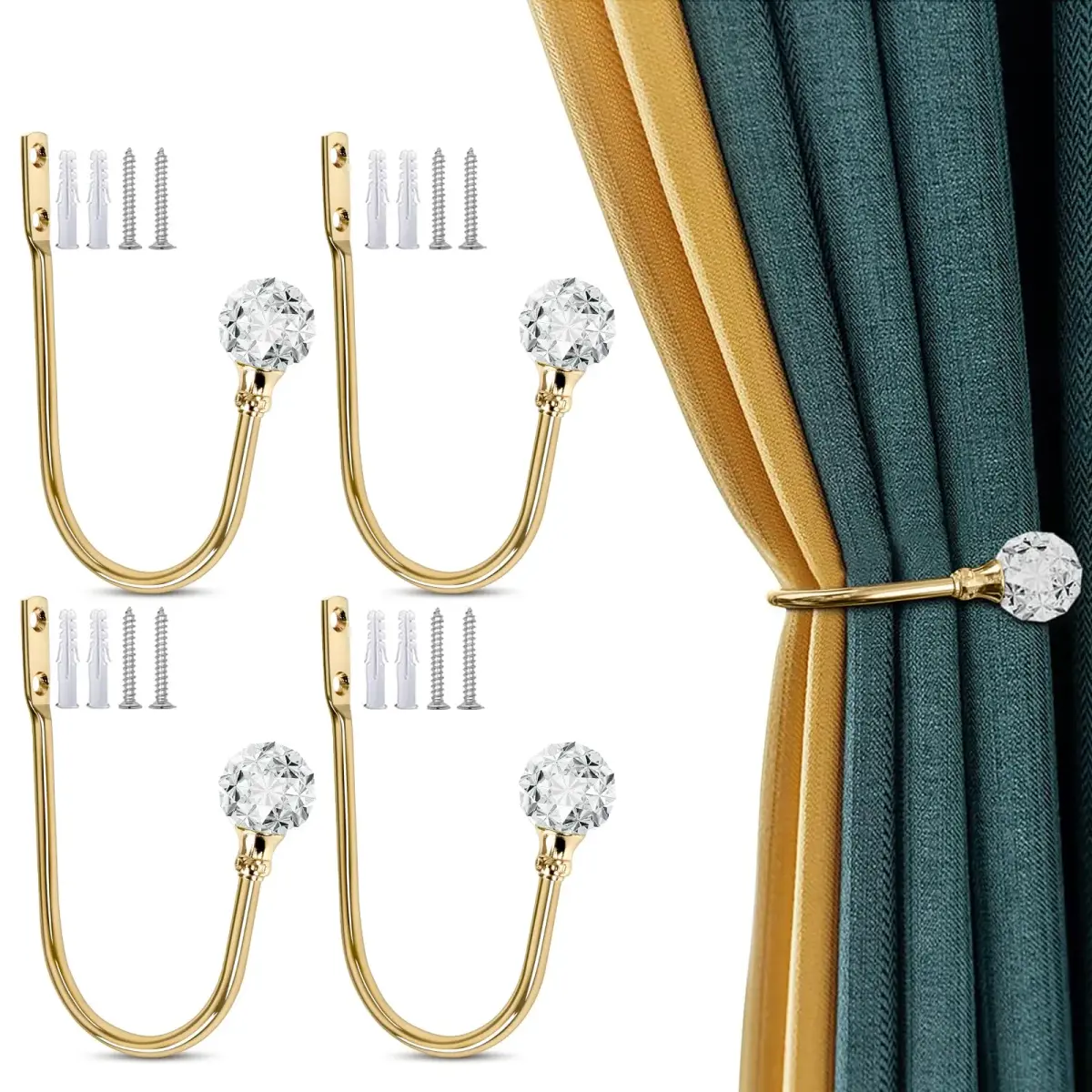 KOLAKO Crystal Curtain Tieback Hooks 4 Pack | Wall Mounted Drapery Holdbacks with Clear Crystal Ball & Rose Gold Finish - main product image