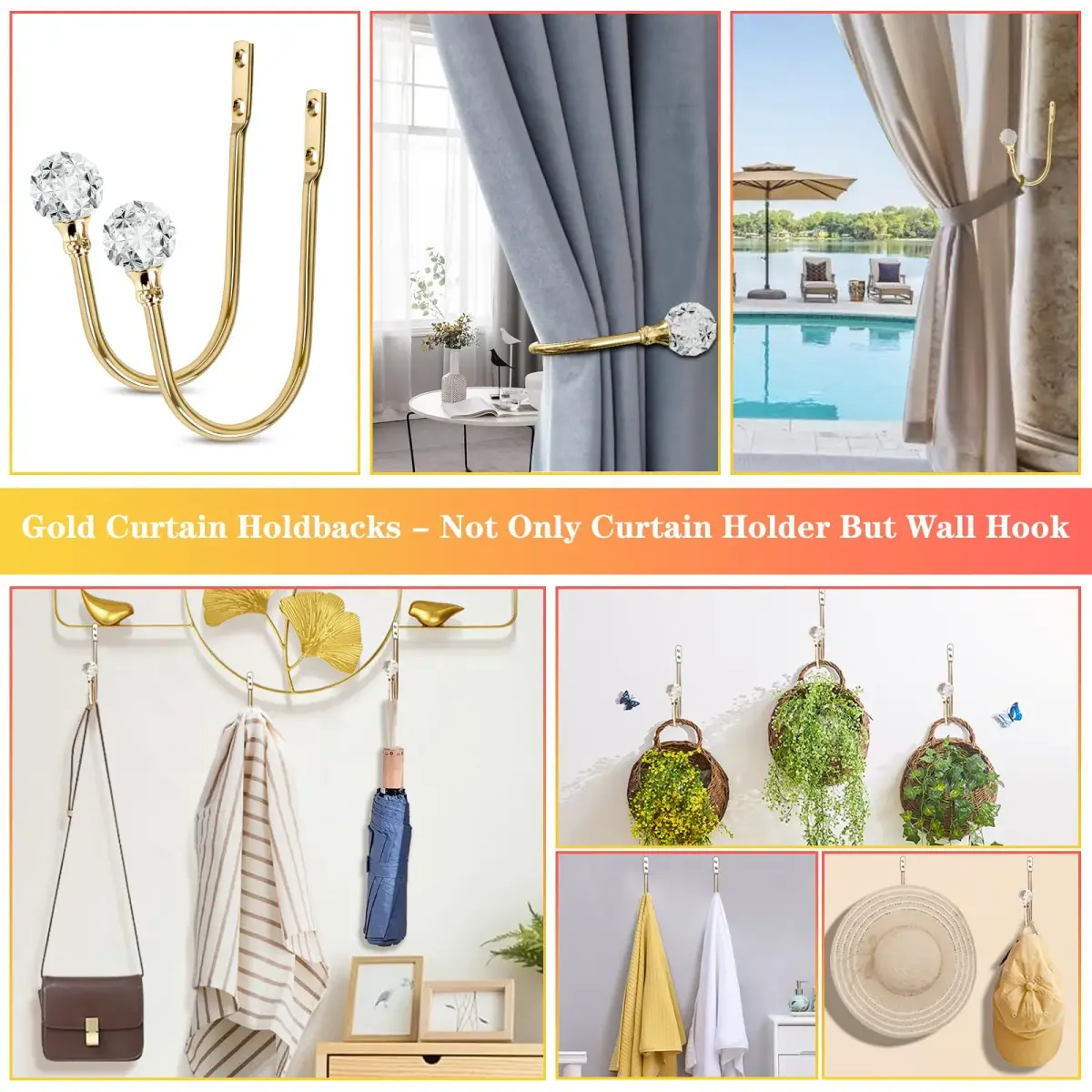 KOLAKO Crystal Curtain Tieback Hooks 4 Pack | Wall Mounted Drapery Holdbacks with Clear Crystal Ball & Rose Gold Finish - view 7