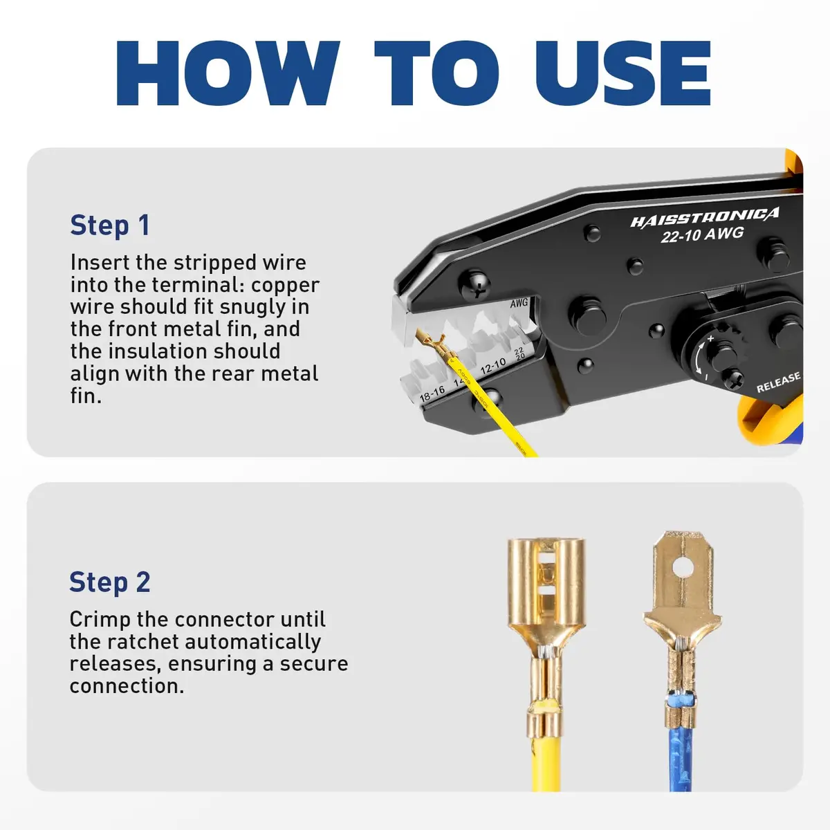 haisstronica Ratchet Crimping Tool for Open Barrel Terminals, AWG 22-10 (550g) | Precision Electrical Wire Crimper - view 8