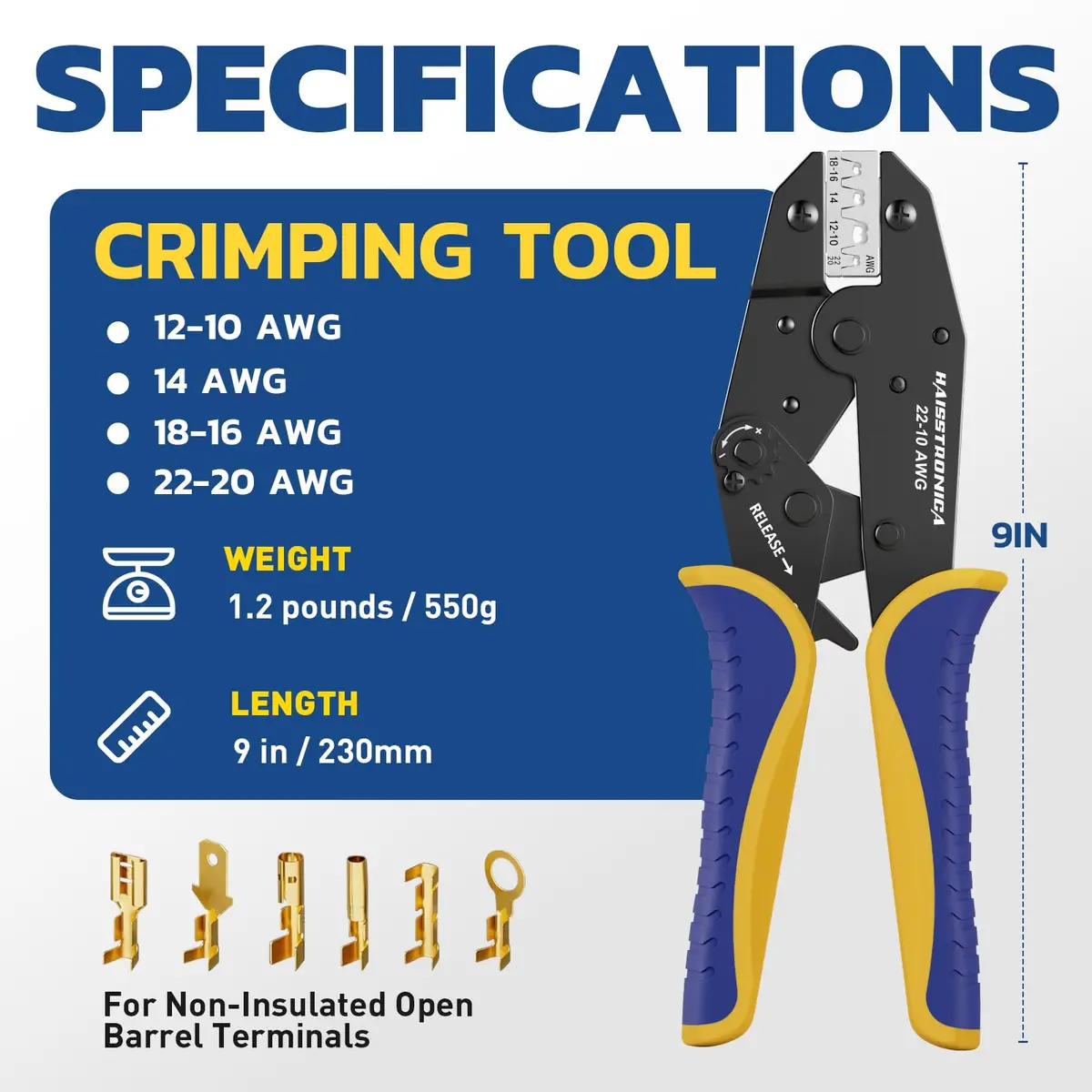 haisstronica Ratchet Crimping Tool for Open Barrel Terminals, AWG 22-10 (550g) | Precision Electrical Wire Crimper - view 2