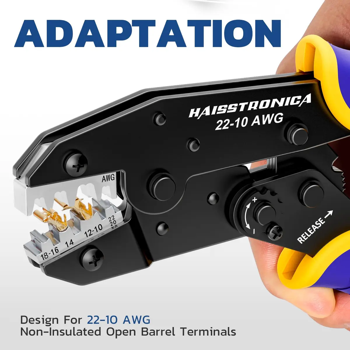 haisstronica Ratchet Crimping Tool for Open Barrel Terminals, AWG 22-10 (550g) | Precision Electrical Wire Crimper - view 3