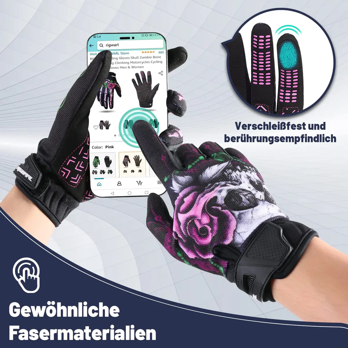 RIGWARL Women's Touchscreen Motorcycle Gloves - Pink, Breathable, Non-Slip, Full Finger for Mountain Bike, Cycling, ATV, MTB | Impact & Abrasion Protection - view 2
