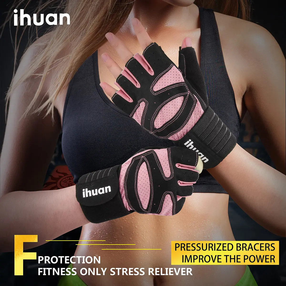 ihuan Ventilated Weight Lifting Gym Workout Gloves with Wrist Wrap Support, Medium, Pink | Full Palm Protection for Men & Women - view 5