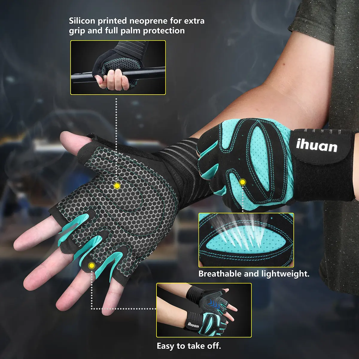 ihuan Ventilated Weight Lifting Gym Gloves with Wrist Support | Full Palm Protection for Men & Women - view 2