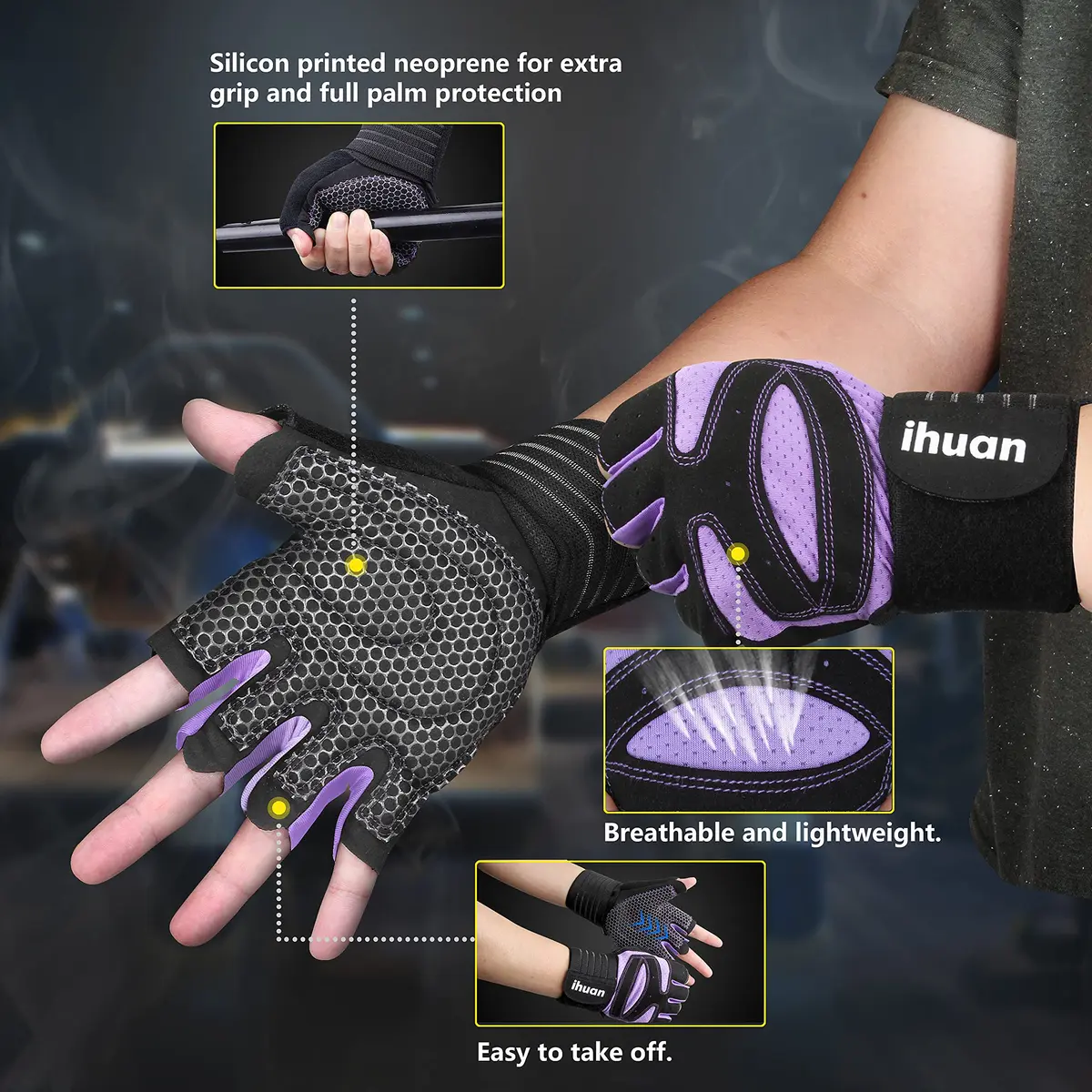 ihuan Ventilated Weight Lifting Gym Workout Gloves with Wrist Wrap Support | Full Palm Protection for Men & Women - view 2