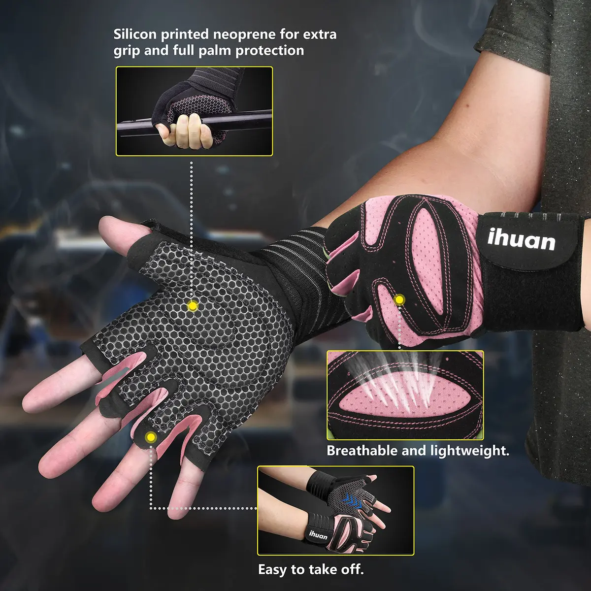 ihuan Ventilated Weight Lifting Gym Workout Gloves with Wrist Wrap Support for Men & Women, Full Palm Protection, for Weightlifting, Training, Fitness, Hanging, Pull ups - view 2