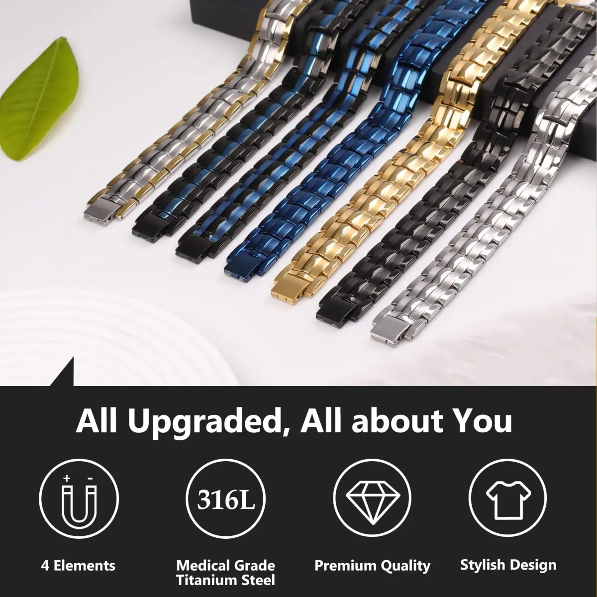Feraco Black & Blue Magnetic Therapy Bracelet with Double Row Magnets 22cm (8.66 inch) | Hypoallergenic Titanium Steel - view 6