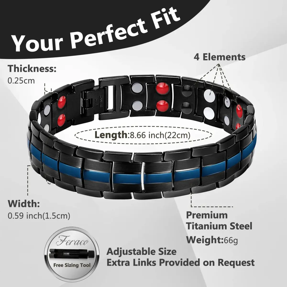 Feraco Black & Blue Magnetic Therapy Bracelet with Double Row Magnets 22cm (8.66 inch) | Hypoallergenic Titanium Steel - view 2
