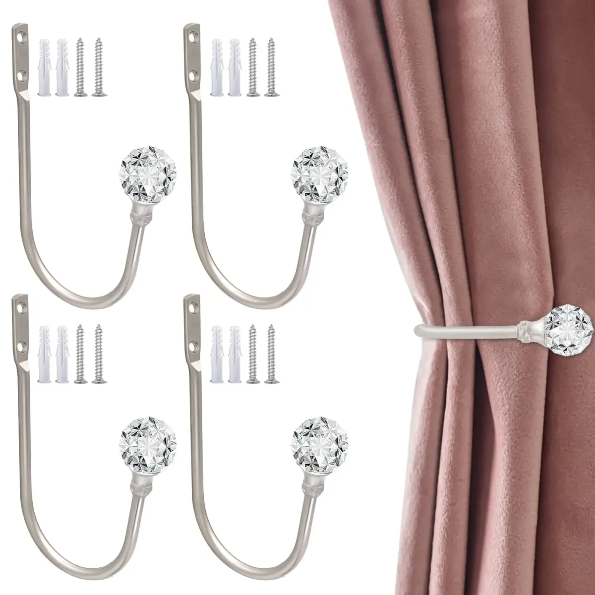 KOLAKO Crystal Curtain Holdbacks 4 Pack Silver Tieback Hooks | Decorative Metal Window Treatment Holdback - main product image