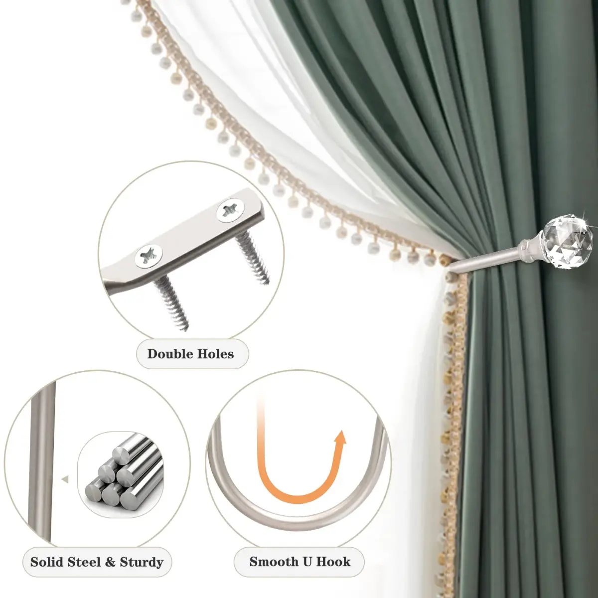 KOLAKO Crystal Curtain Holdbacks 4 Pack Silver Tieback Hooks | Decorative Metal Window Treatment Holdback - view 5
