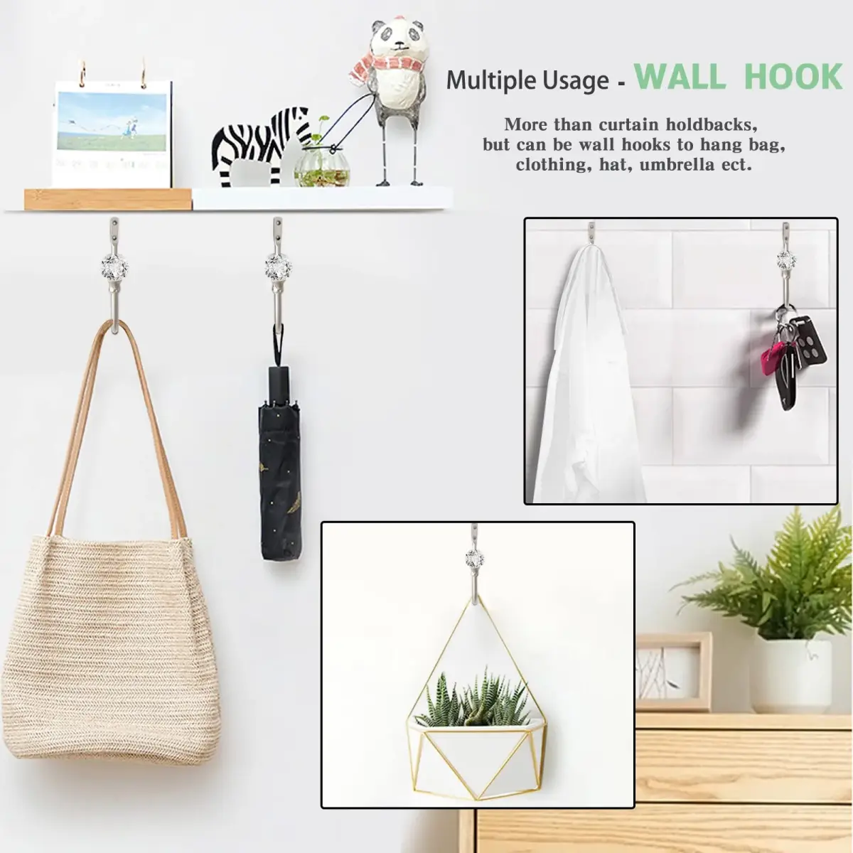KOLAKO Crystal Curtain Holdbacks 4 Pack Silver Tieback Hooks | Decorative Metal Window Treatment Holdback - view 7