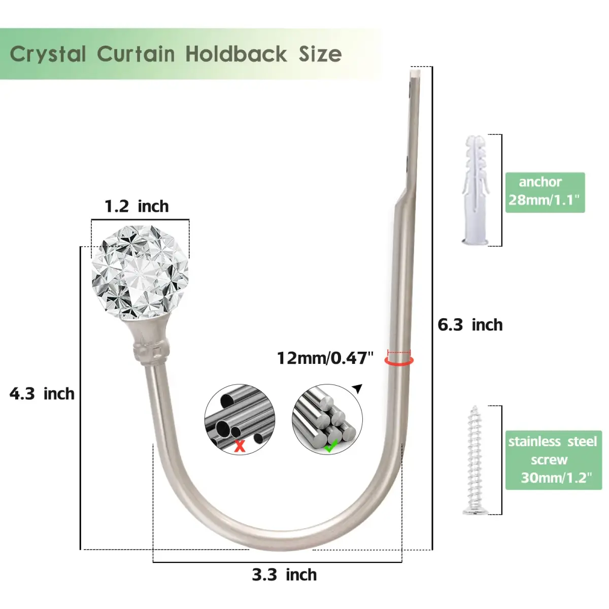 KOLAKO Crystal Curtain Holdbacks 4 Pack Silver Tieback Hooks | Decorative Metal Window Treatment Holdback - view 2