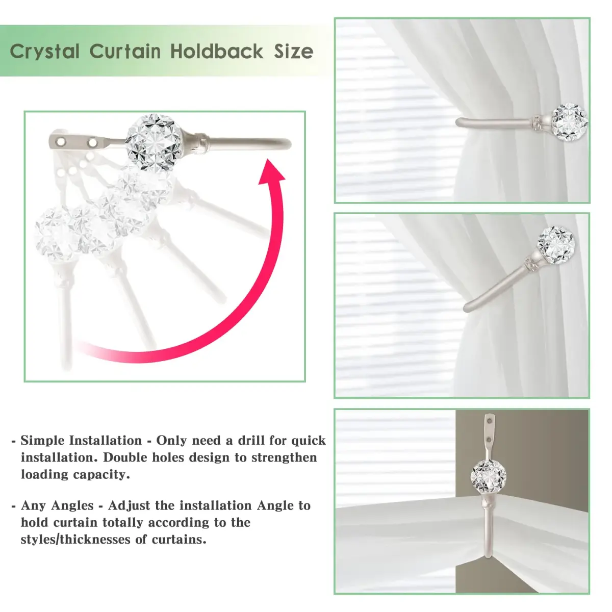 KOLAKO Crystal Curtain Holdbacks 4 Pack Silver Tieback Hooks | Decorative Metal Window Treatment Holdback - view 3