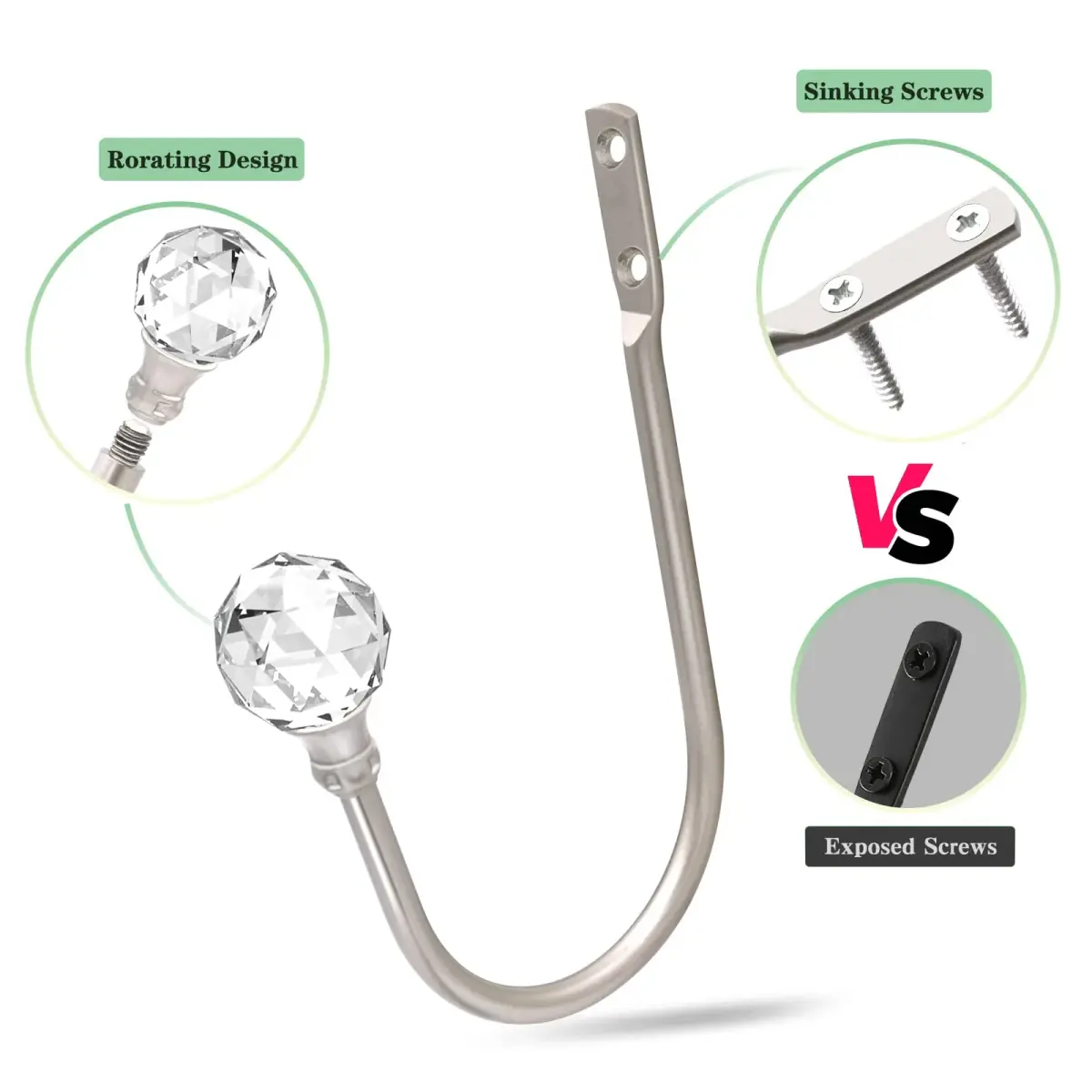 KOLAKO Crystal Curtain Holdbacks 4 Pack Silver Tieback Hooks | Decorative Metal Window Treatment Holdback - view 4