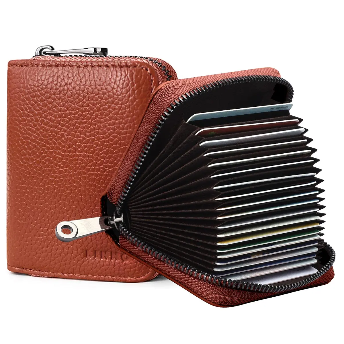Linno RFID 20 Slots Credit Card Wallet Genuine Leather Small Wallet for Women or Men with Zipper | RFID Blocking Accordion Wallet - main product image