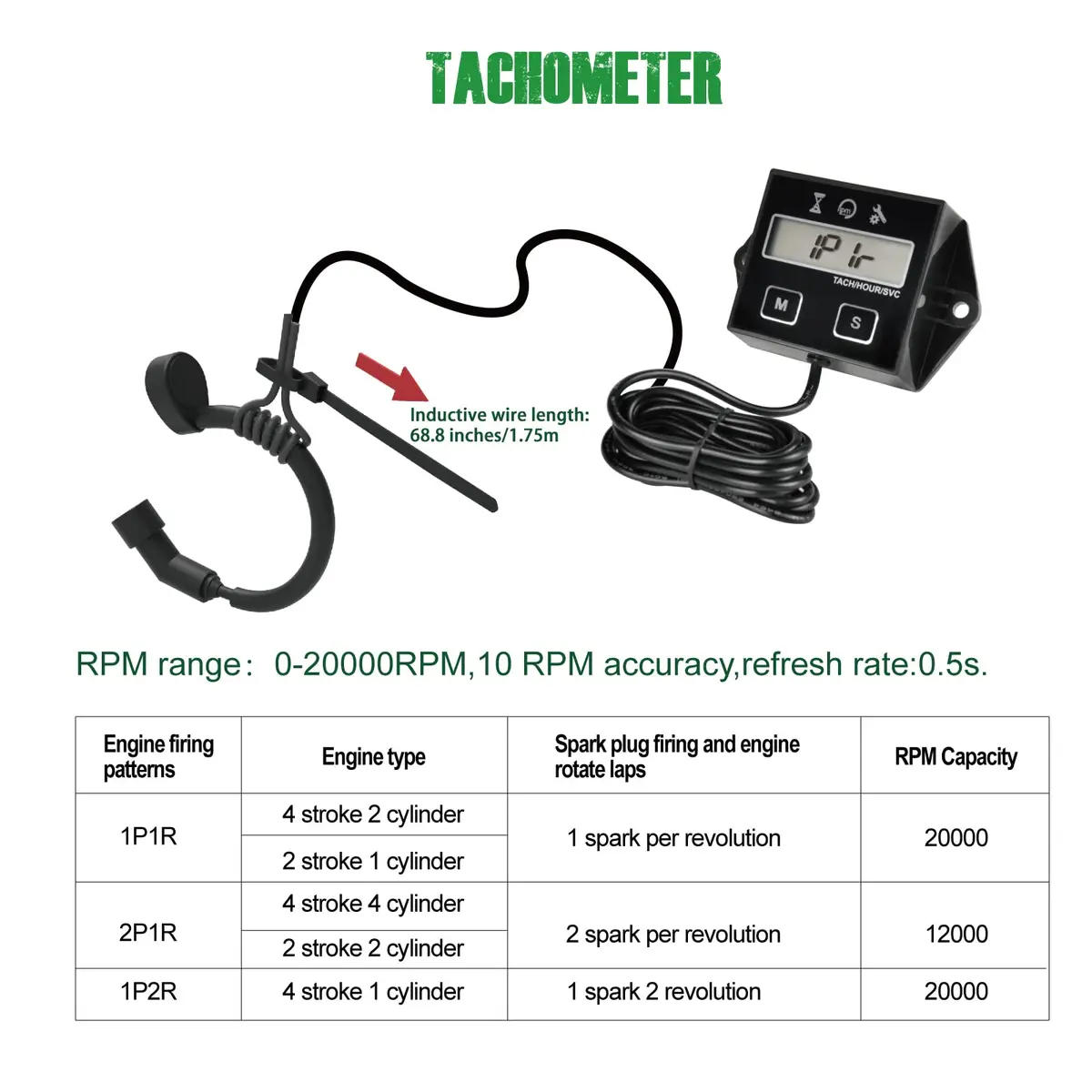 YOOREAL Digital Inductive Tach Hour Meter, RPM Gauge Meter Tachometer with Resettable Hours & Maintenance Timer | 0-20000 RPM, 99999 Hours - view 4