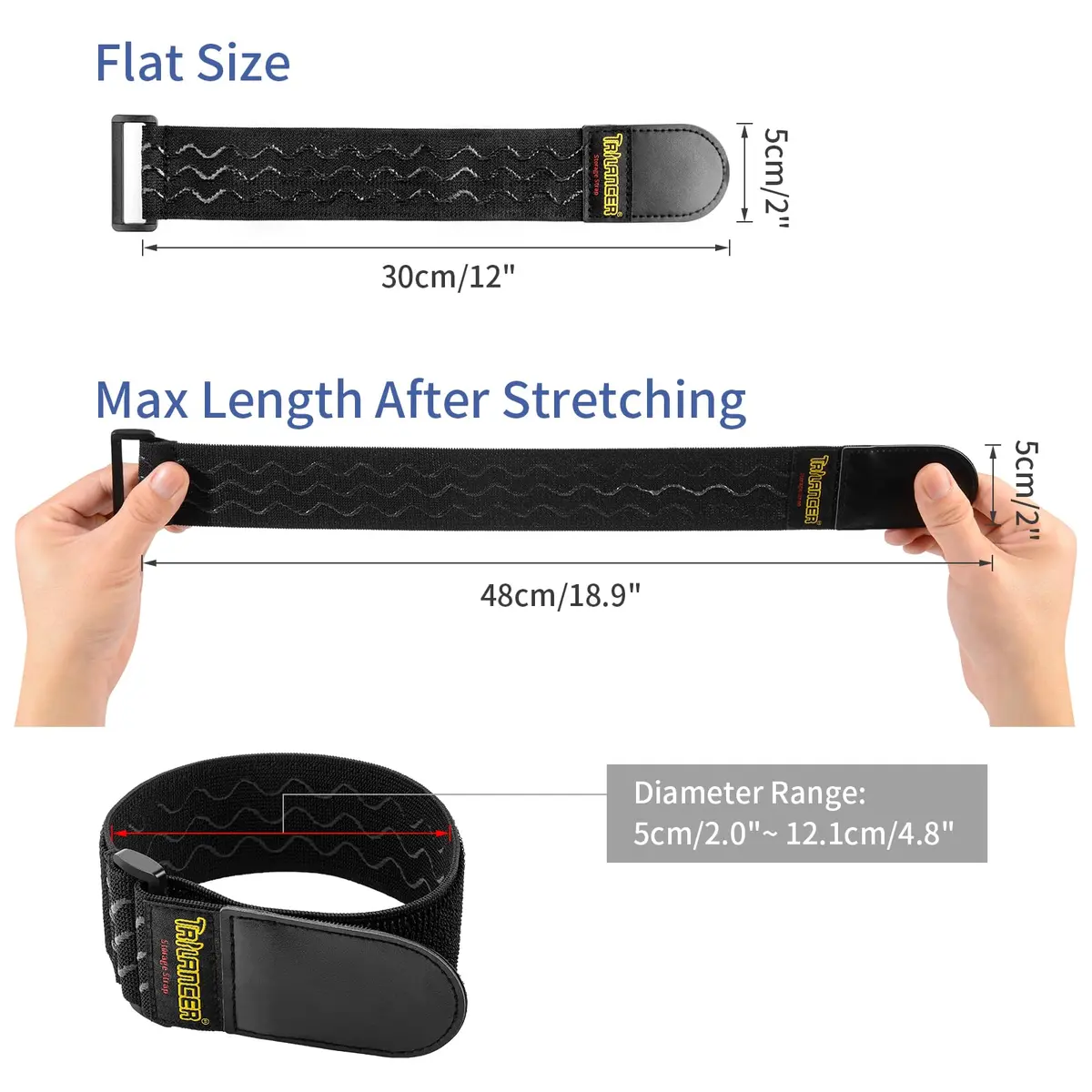 Trilancer Elastic Cinch Straps with Anti-Slip Strips, 12" (30cm) x 2" (5cm) | Multipurpose Hook & Loop Bundling Straps - view 3