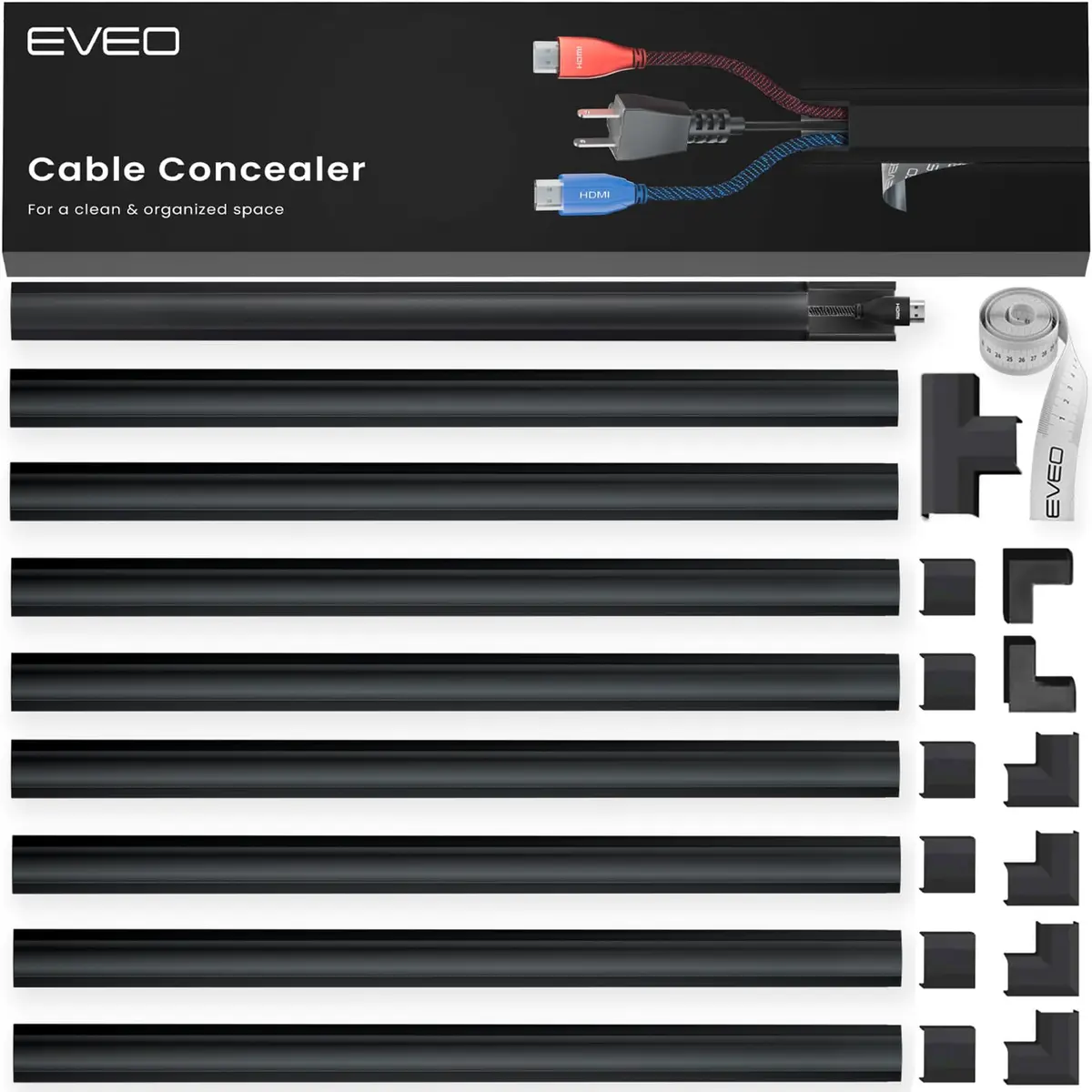 EVEO Black Cord Management Cable Hider Kit 381cm (150in) | Paintable Wire Concealer for Walls - main product image