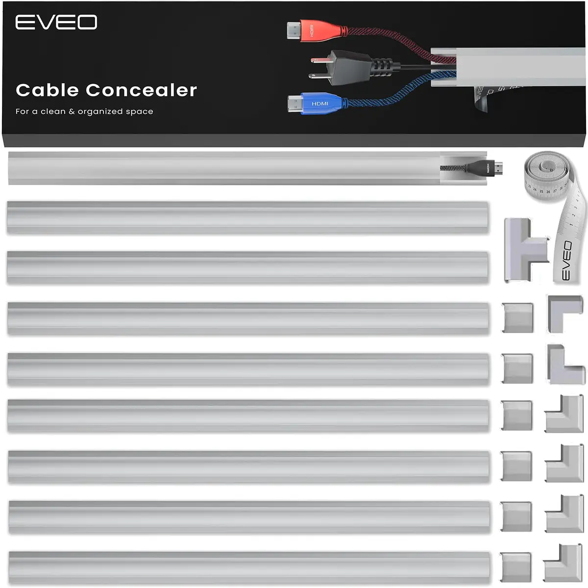 EVEO Grey Cable Management Raceway Kit 150in (125ft) | Paintable Wire Concealer for TV Wall - main product image