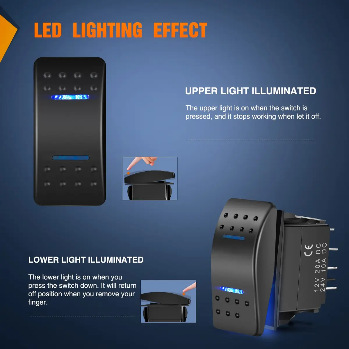 Nilight 7Pin Momentary Rocker Switch DPDT Toggle(On)-Off-(On) | 12VDC 20AMP, Blue LED, Universal Fit - view 8