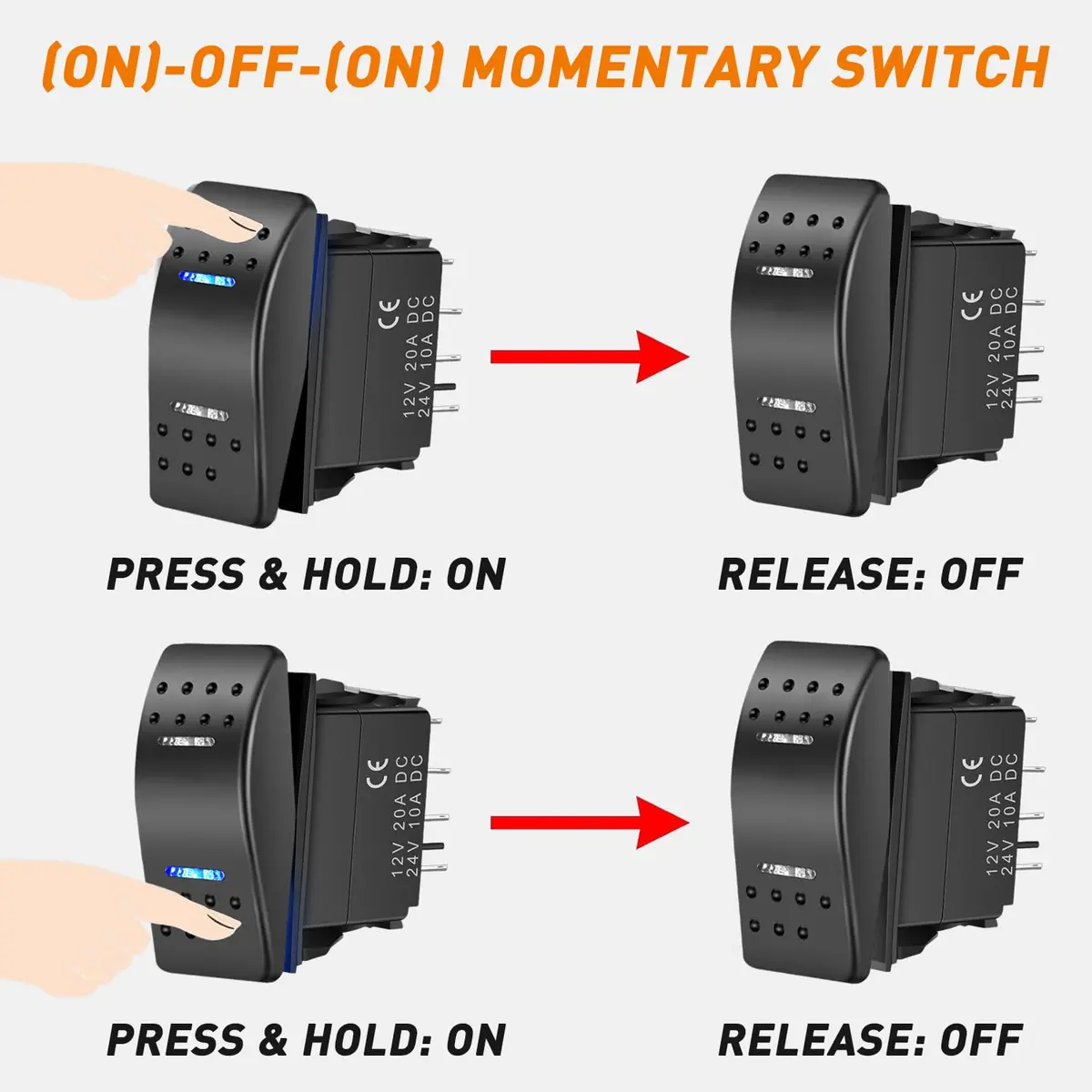 Nilight 7Pin Momentary Rocker Switch DPDT Toggle(On)-Off-(On) | 12VDC 20AMP, Blue LED, Universal Fit - view 2