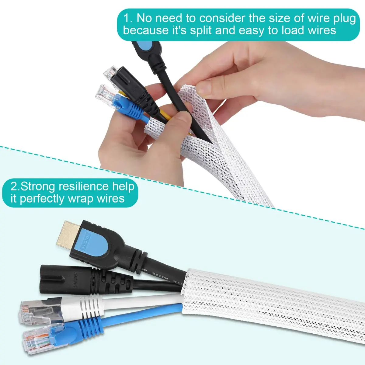 ZhiYo White Braided Cable Sleeve 20ft (6.1m) | Organizes 4-8 Cables - view 3