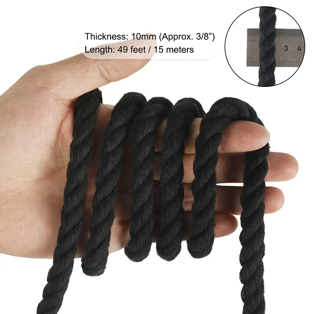 Tenn Well 10mm (3/8 inch) x 15m (50ft) Black Macrame Cord | Strong 3-Ply Twisted Cotton Rope for Crafts - view 2