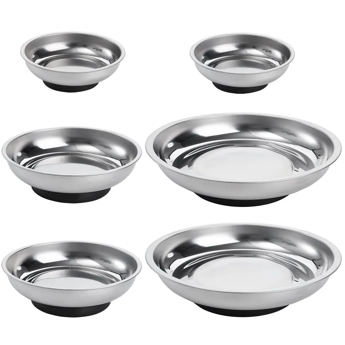 Hedume 6-Piece Round Magnetic Parts Tray Set 7.6cm (3") 10.2cm (4") 15.2cm (6") | Strong Stainless Steel Tool Holder for Mechanics - main product image
