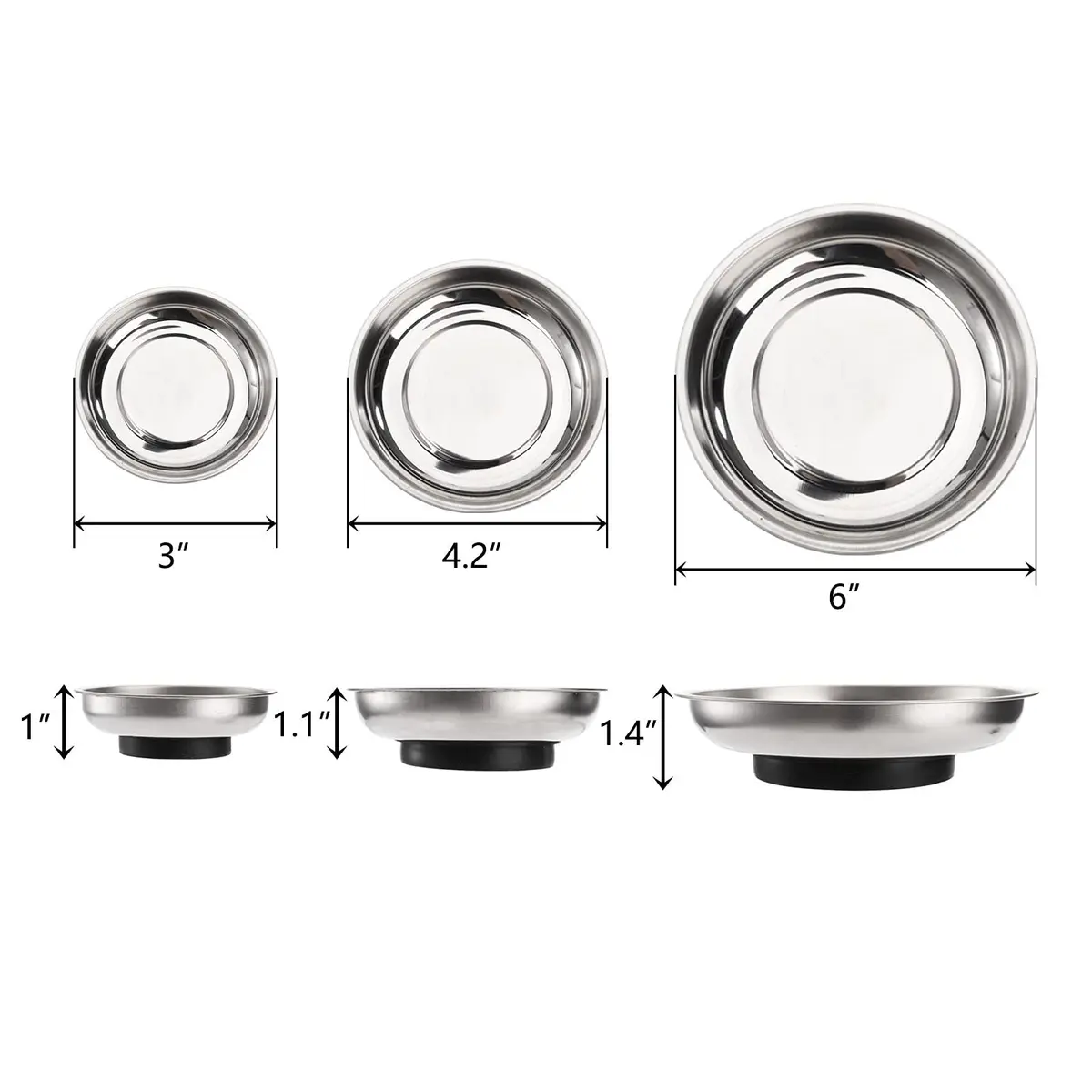 Hedume 6-Piece Round Magnetic Parts Tray Set 7.6cm (3") 10.2cm (4") 15.2cm (6") | Strong Stainless Steel Tool Holder for Mechanics - view 5