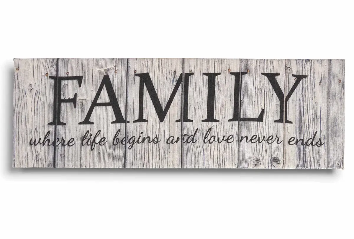 Inkdotpot Stretched Canvas Quotes Wall Art Decor, Family Where Life Begins and Love Never Ends Wall Decor- 6 x 17 Rustic Wall Art Sign- Farmhouse Decor Faux Plaque Sign - main product image