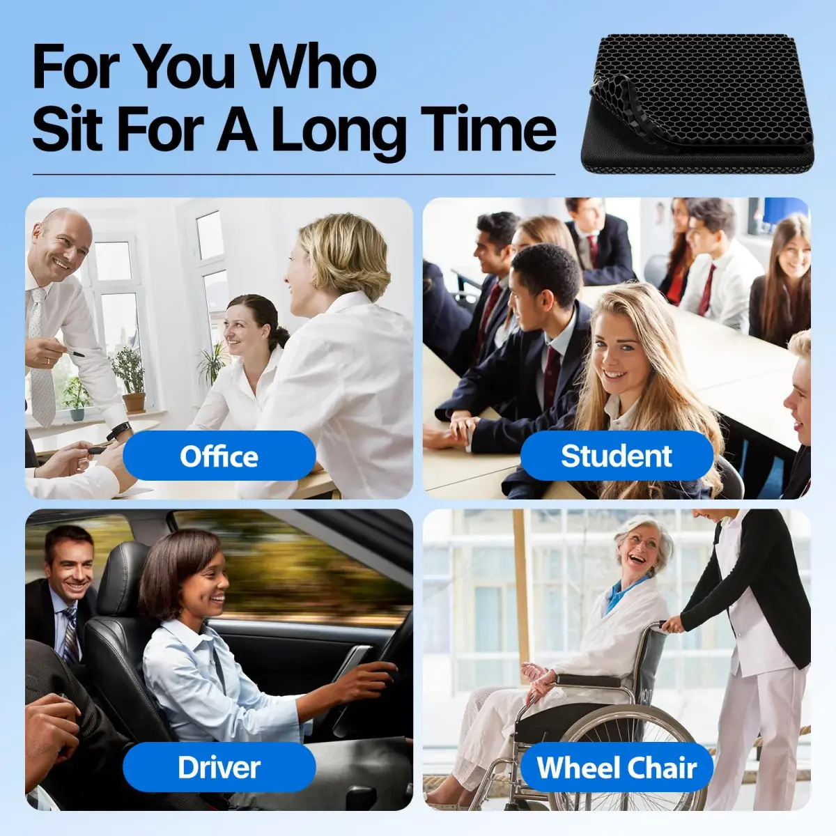 OMCOZY Gel Seat Cushion Large 46cm x 44cm x 3.8cm | Cooling Honeycomb Design for Office Chair, Car, Wheelchair - view 7