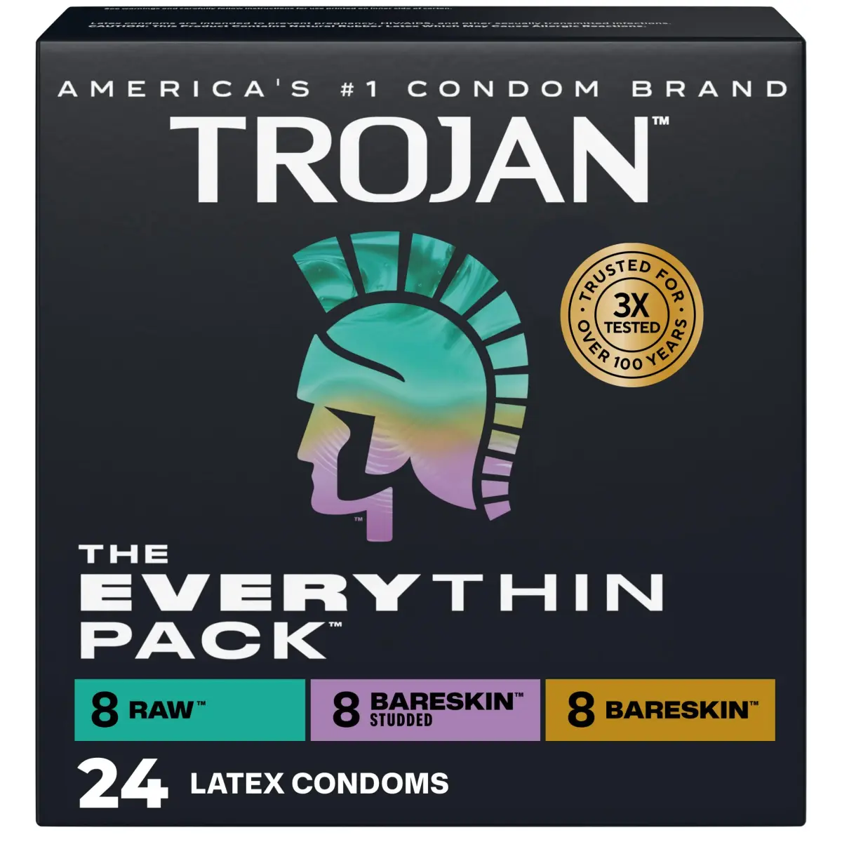 TROJAN Everythin Variety Pack Condoms, 24 Count (Pack of 1) - Assorted Styles for Enhanced Pleasure - main product image