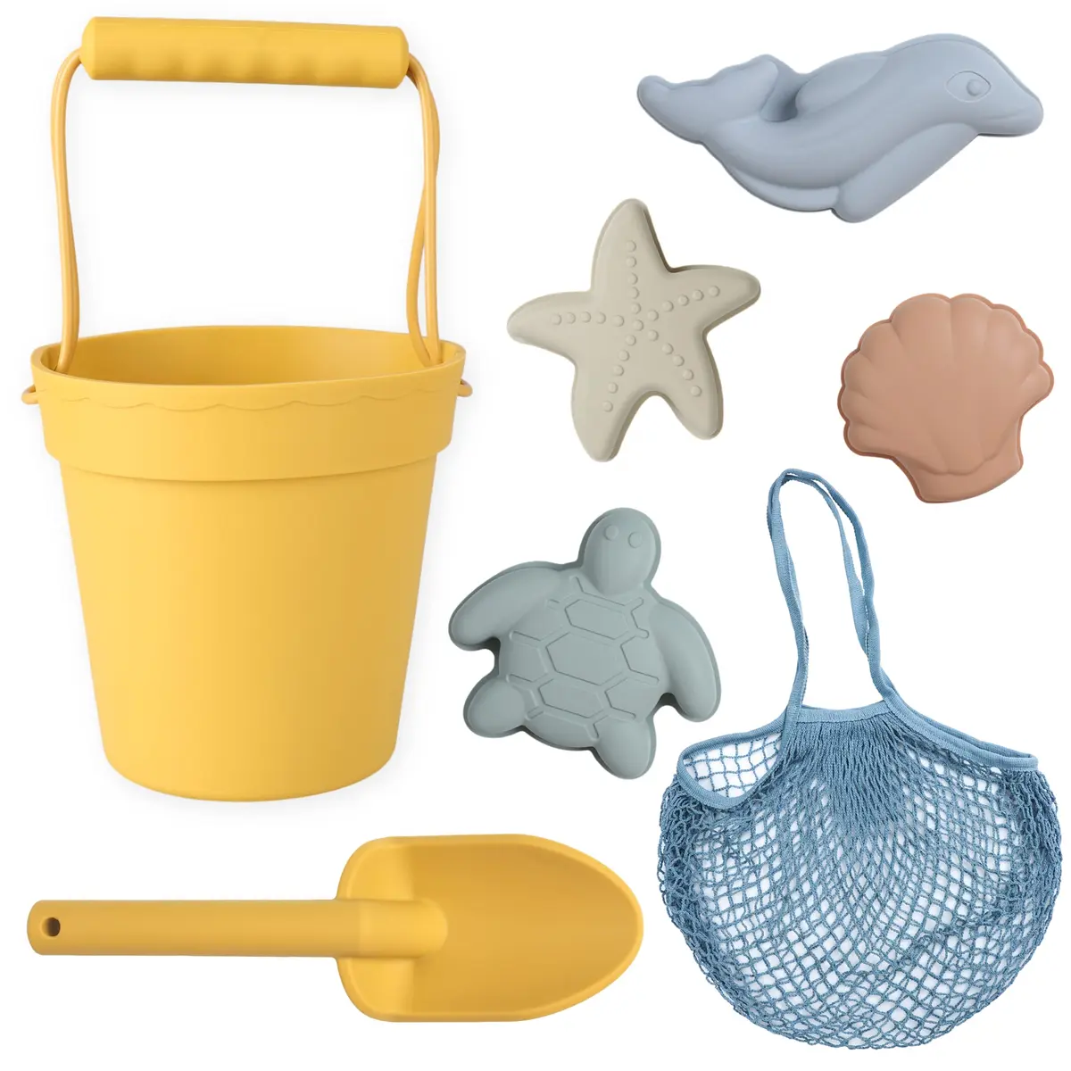 BLUE GINKGO Silicone Beach Toys, 7-Piece Set, Yellow | Soft, Travel-Friendly Sand Play - main product image