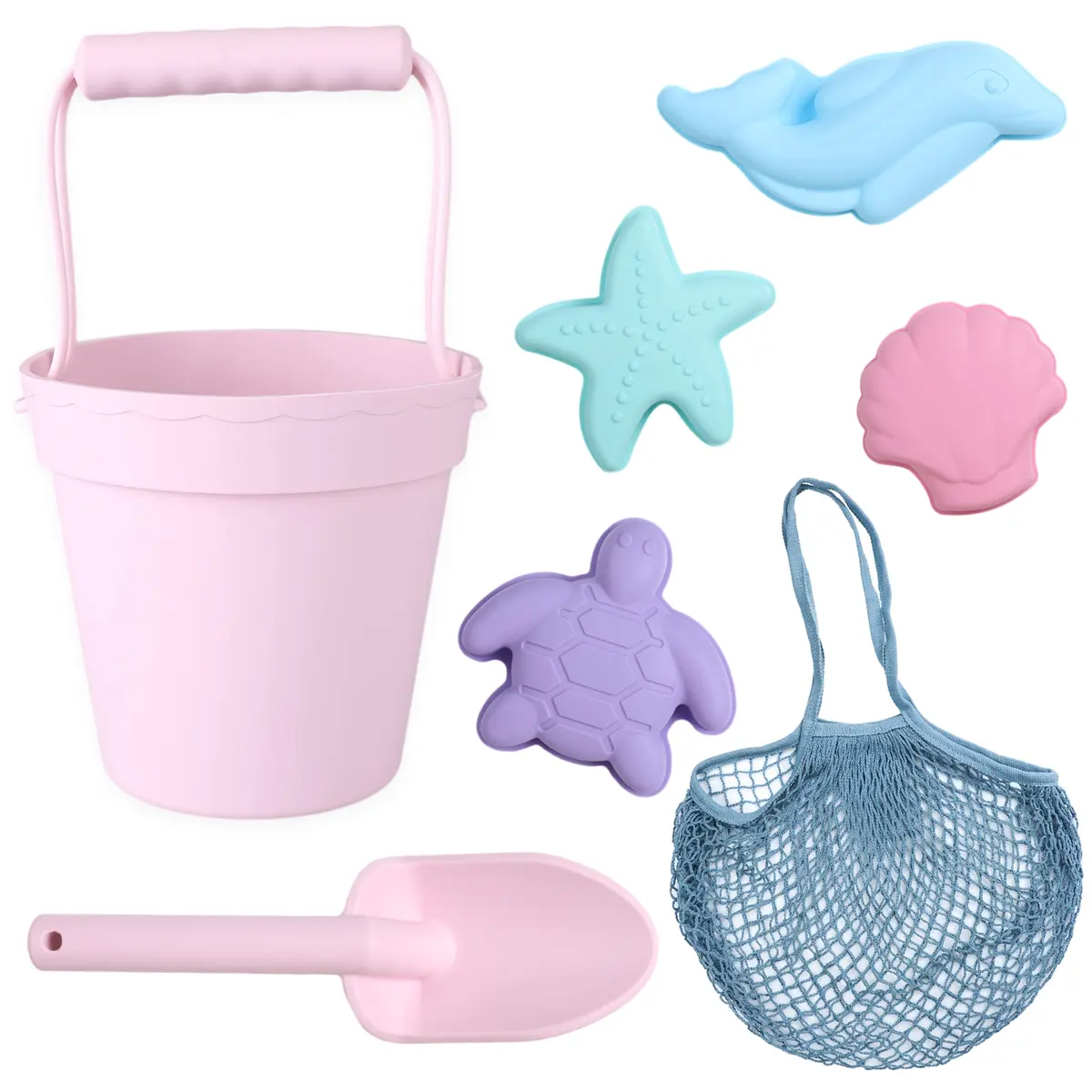 BLUE GINKGO Silicone Beach Toys, 7-Piece Set, Pink | Travel-Friendly, Soft Silicone Sand Play - main product image