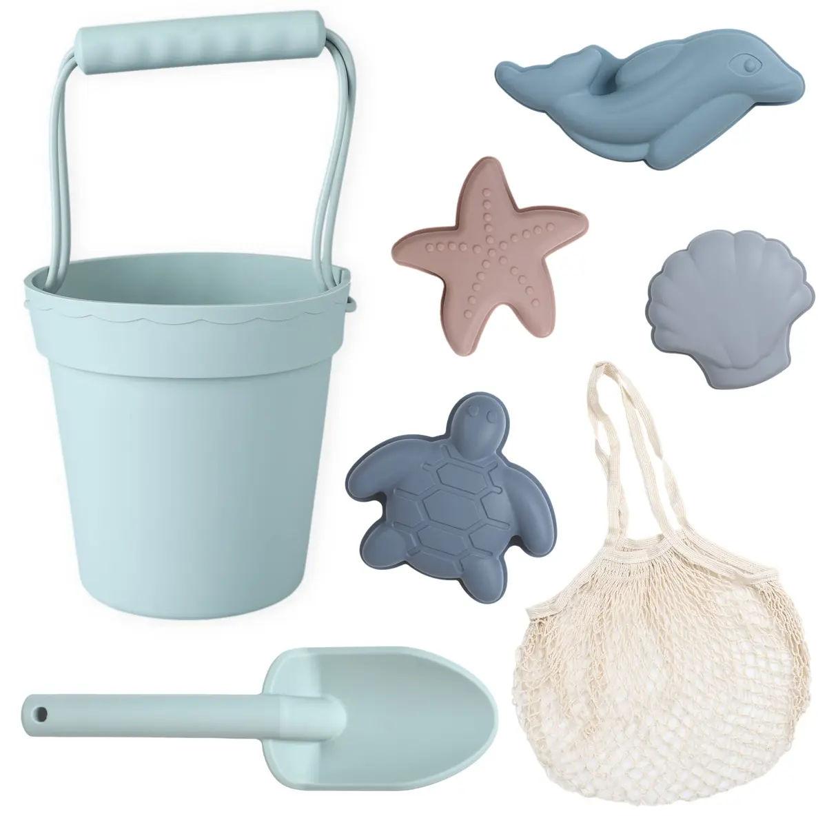BLUE GINKGO Silicone Beach Toys, 7-Piece Sand Toy Set, Green | Soft, Flexible & Travel Ready for Kids - main product image