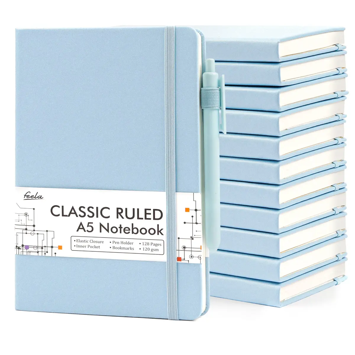 Feela 12 Pack Hardcover Notebooks Light Blue | Classic Ruled Lined Journals with Pen Holder (5.1”x8.3” | A5) - main product image