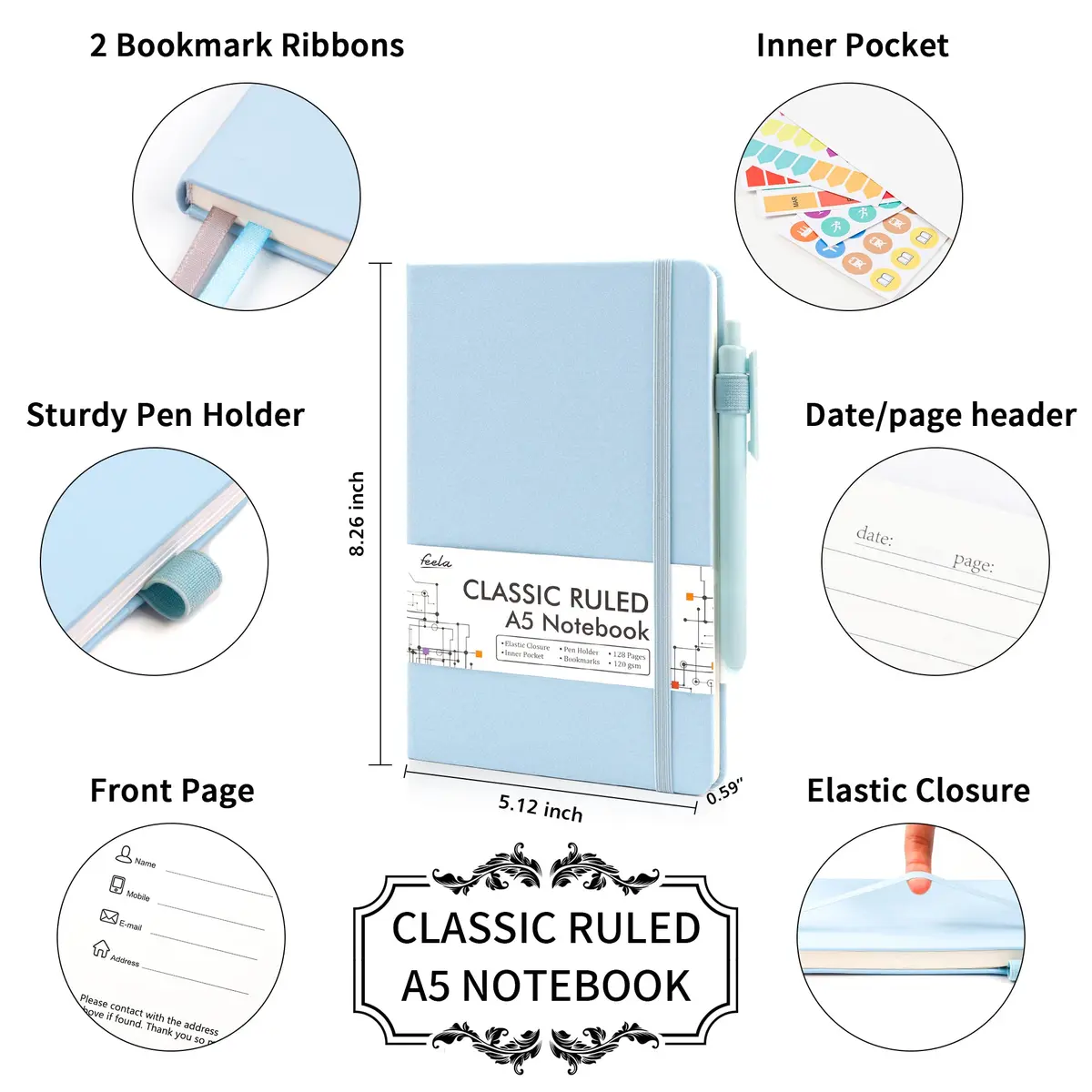 Feela 12 Pack Hardcover Notebooks Light Blue | Classic Ruled Lined Journals with Pen Holder (5.1”x8.3” | A5) - view 2