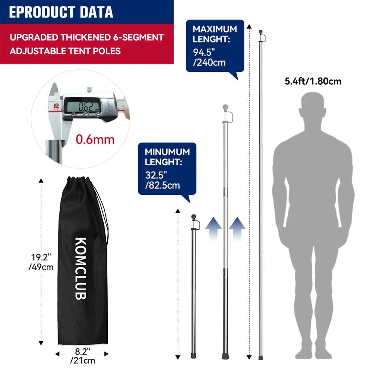 KOMCLUB Telescoping Tent Poles Set of 2 | Heavy Duty Stainless Steel Adjustable Poles for Tarps & Tents - view 2