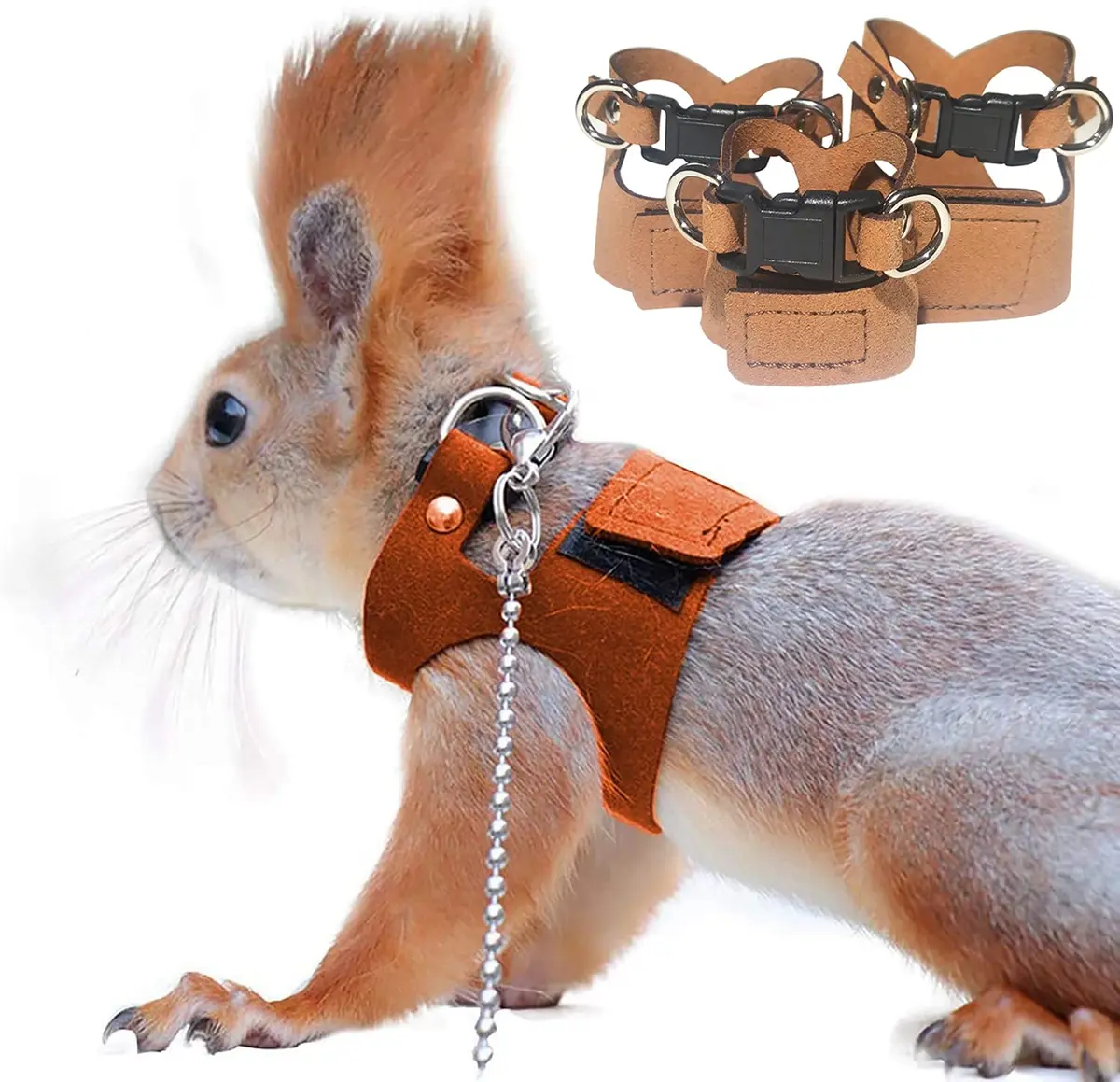 HAICHEN TEC 3 Pack Squirrel Harness and Leash Set - Adjustable Leather & Stainless Steel, Brown | Small Animal Training Vest (70-120c) - main product image