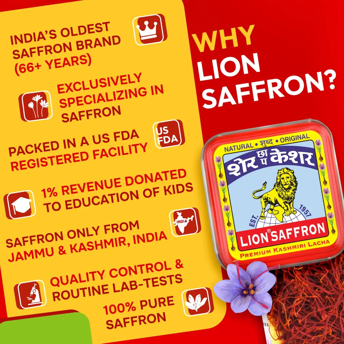 Lion Brand Saffron Lacha Saffron Threads 3g (0.106 oz) | Certified Grade A Kashmiri Kesar for Biryani, Beauty, Health - view 2